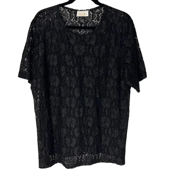 Roaman's Women's Black Lace Blouse Size L Short Sleeve Casual Top - Picture 1 of 6
